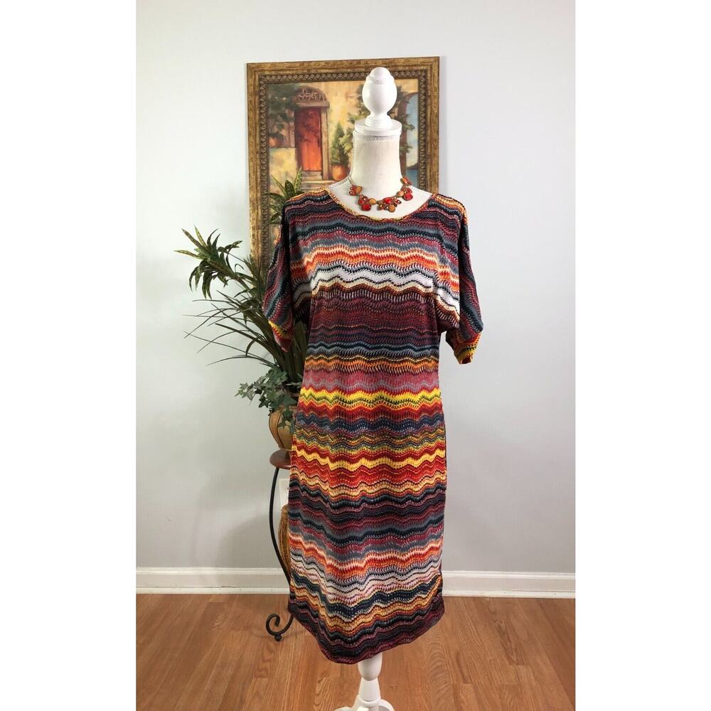Forever Shift Dress Womens SM‎ Multi Striped Roll Tab Sleeve Round Neck Pullover